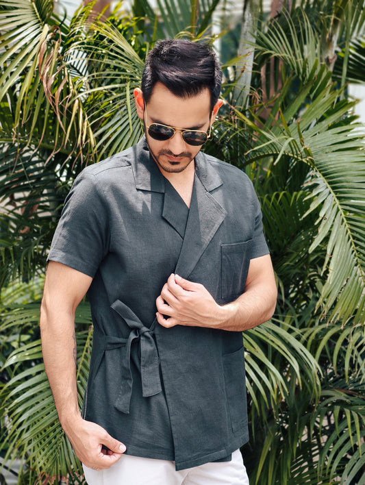 Men’s Wrapped Jacket-Style Shirt – Dark Green