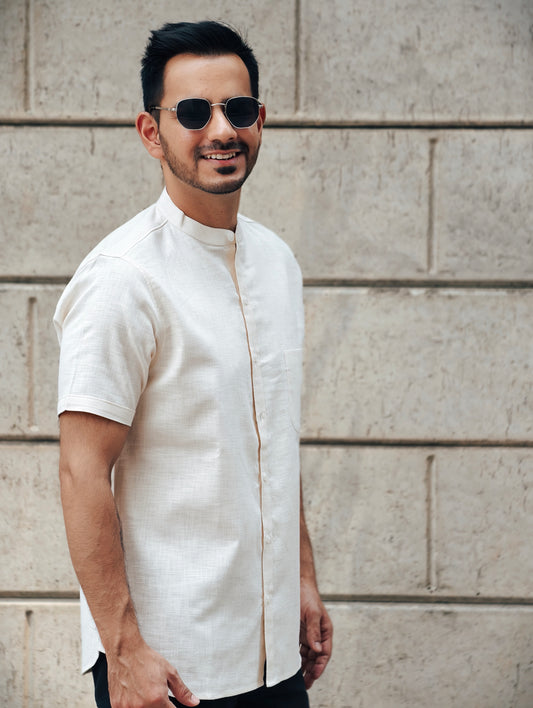 Men’s Short Sleeve Cream Mandarin Collar Shirt