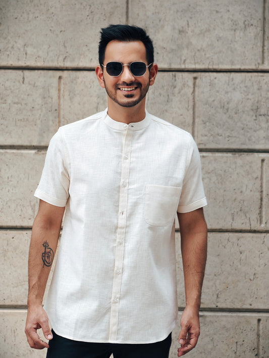 Men’s Short Sleeve Cream Mandarin Collar Shirt