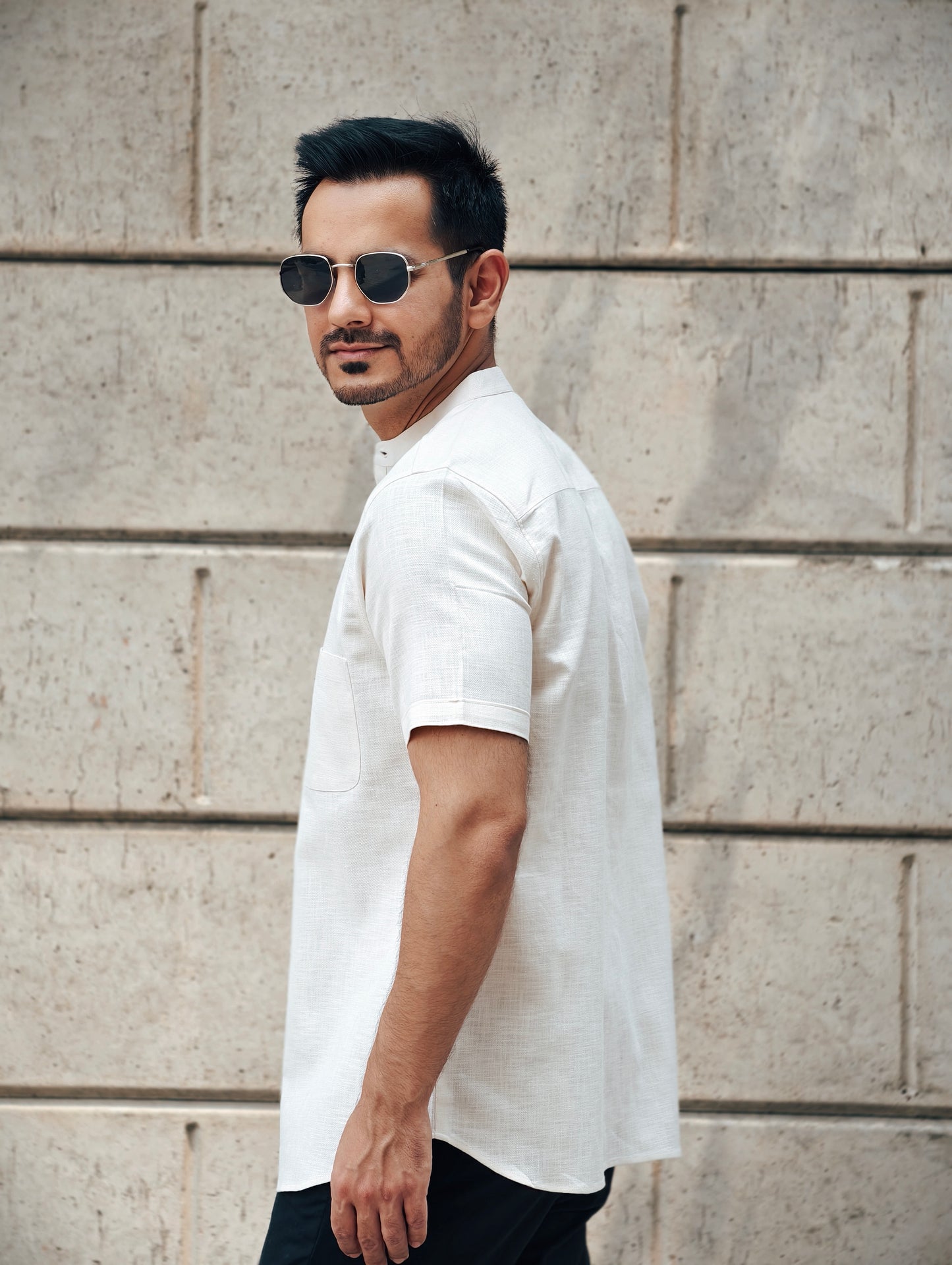 Men’s Short Sleeve Cream Mandarin Collar Shirt