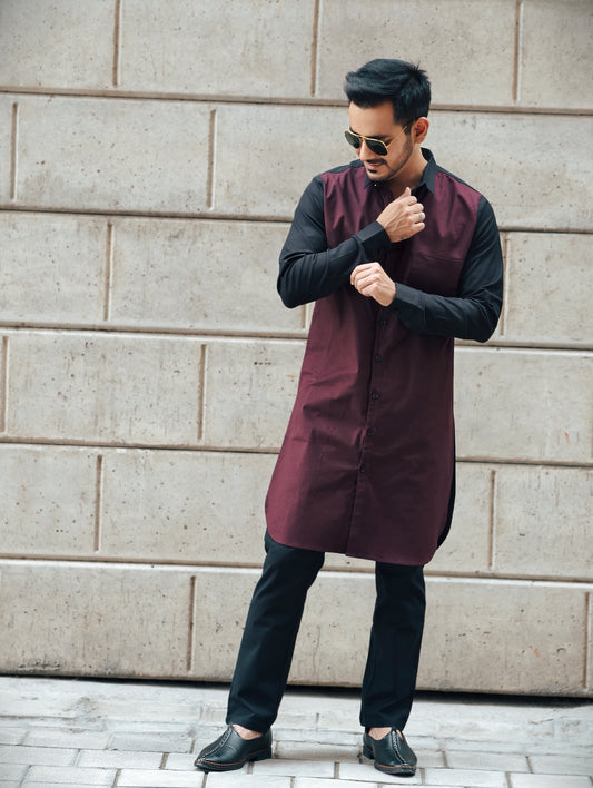 Men’s Dual-Tone Longline Shirt and Pajama Pants– Maroon & Black Designer Fusion