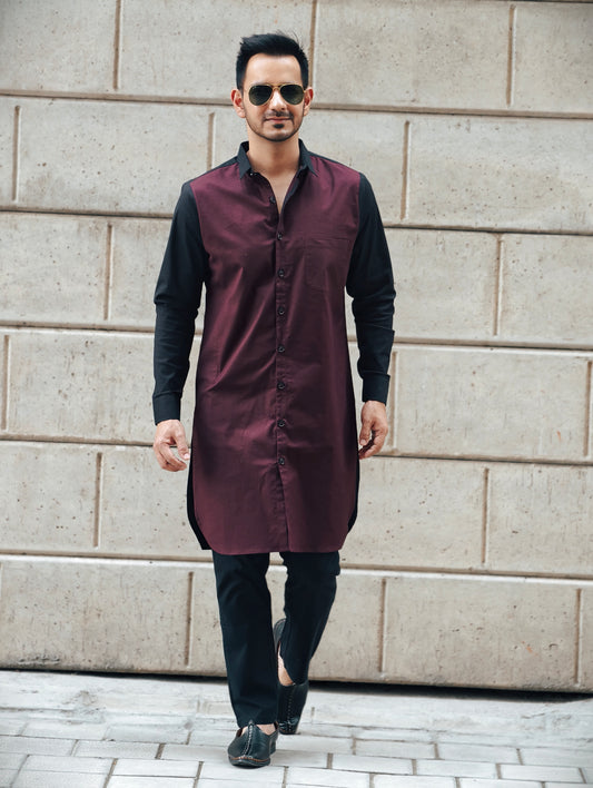 Men’s Dual-Tone Longline Shirt and Pajama Pants– Maroon & Black Designer Fusion