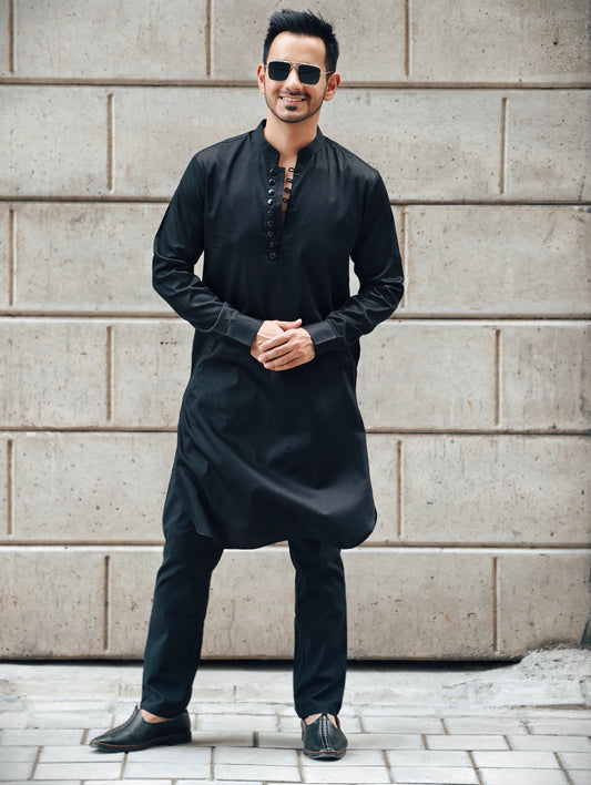Men’s Classic Black Loop Button Placket Kurta Pajama Set