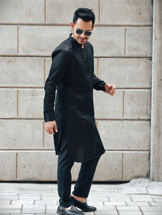 Men’s Black Loop Button Placket Kurta Pajama Set