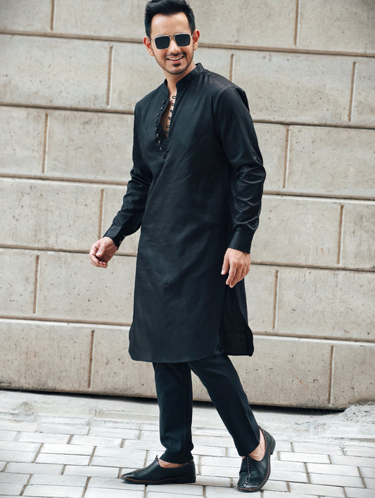 Men’s Black Loop Button Placket Kurta Pajama Set