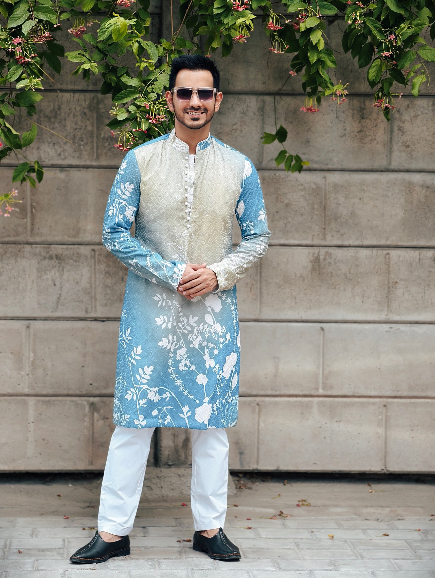 Men’s Ombre Blue-Green Floral Print Kurta with Pajama