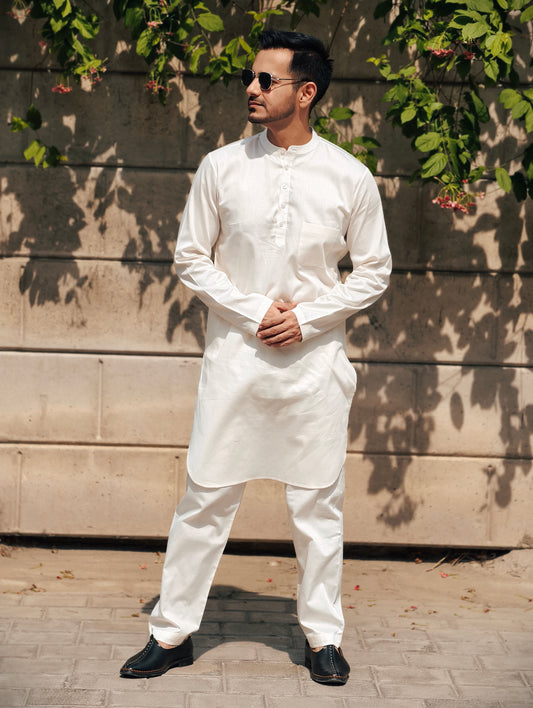 Off White Mandarin Premium Cotton Kurta Pajama