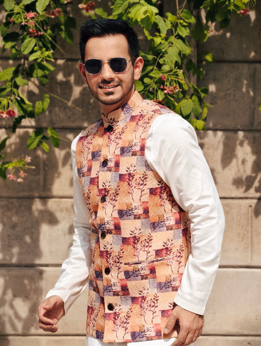 Men’s Printed Nehru Jacket – Multicolor Art Block Design