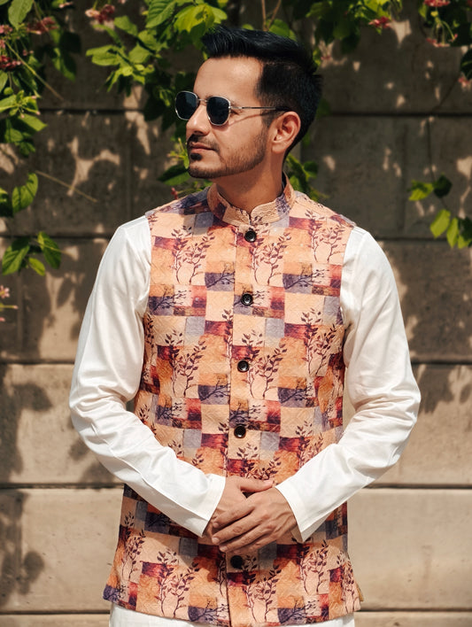 Men’s Printed Nehru Jacket – Multicolor Art Block Design