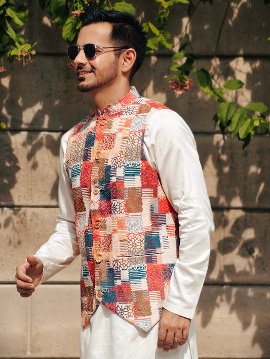 Men’s Multicolor Patchwork Print Nehru Jacket – Festive Fusion Wear