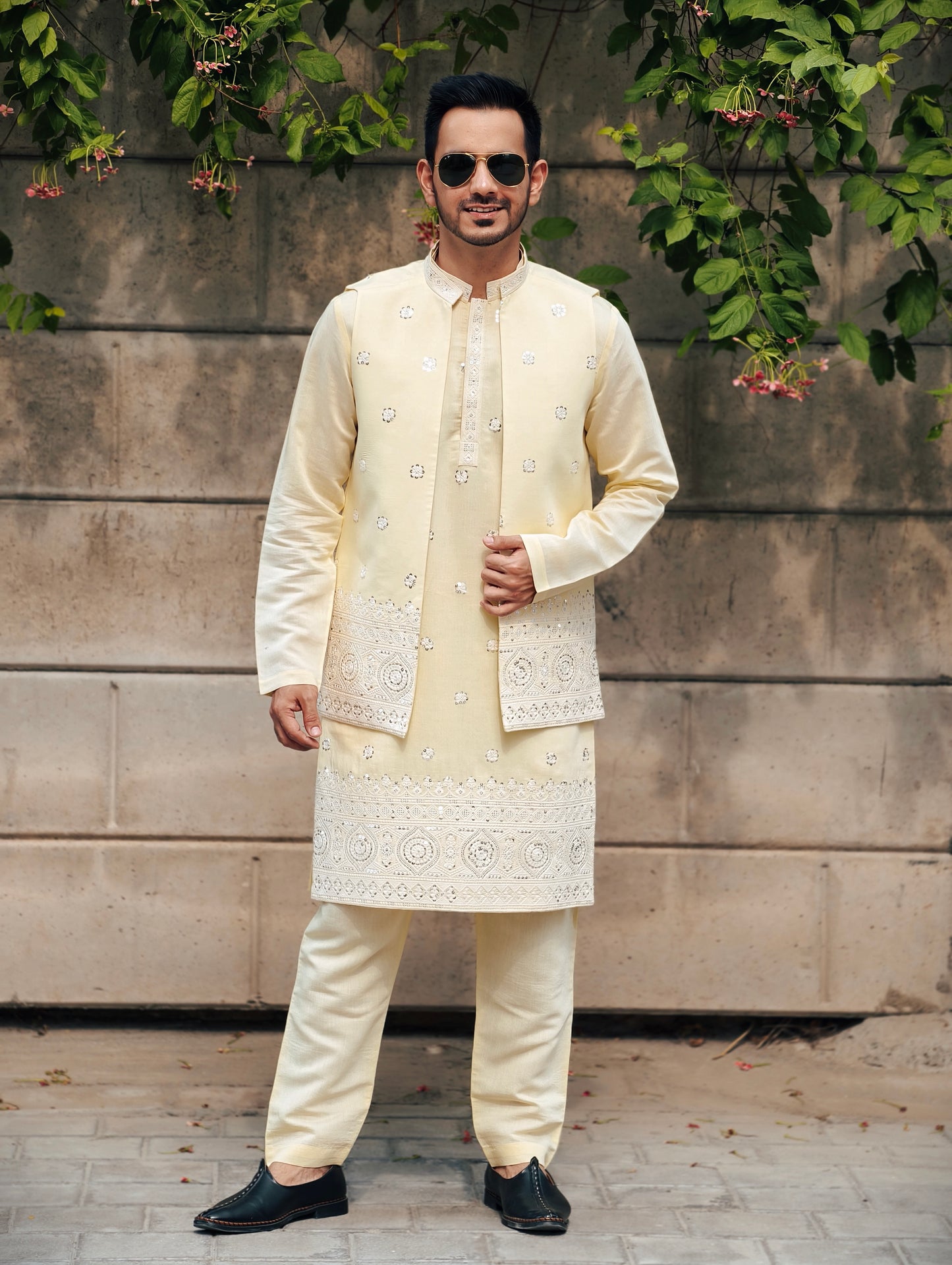 Regal Cream Embroidered Kurta Set with Jacket – Luxe Heritage Collection