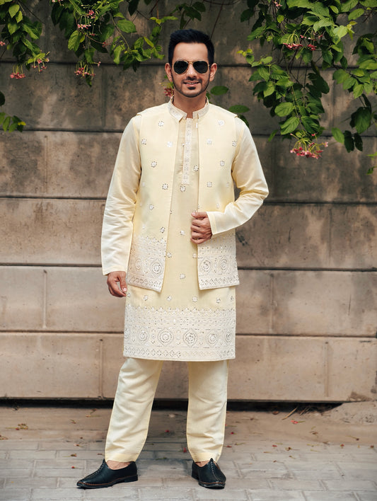 Regal Cream Embroidered Kurta Set with Jacket – Luxe Heritage Collection