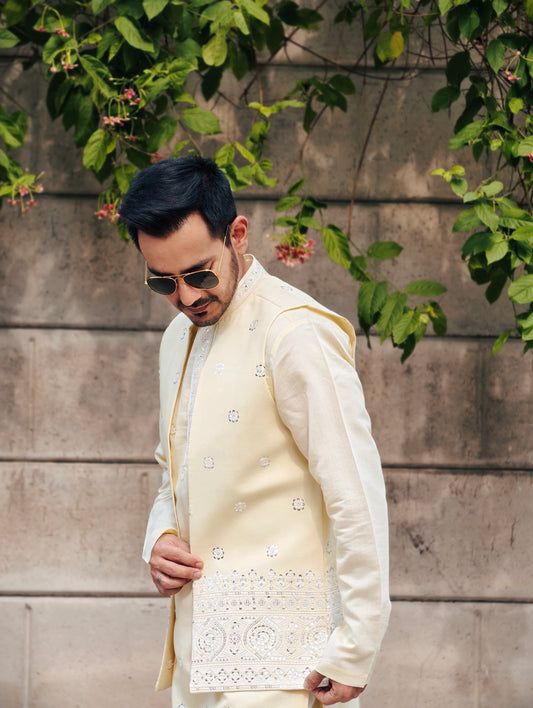 Regal Cream Embroidered Kurta Set with Jacket – Luxe Heritage Collection