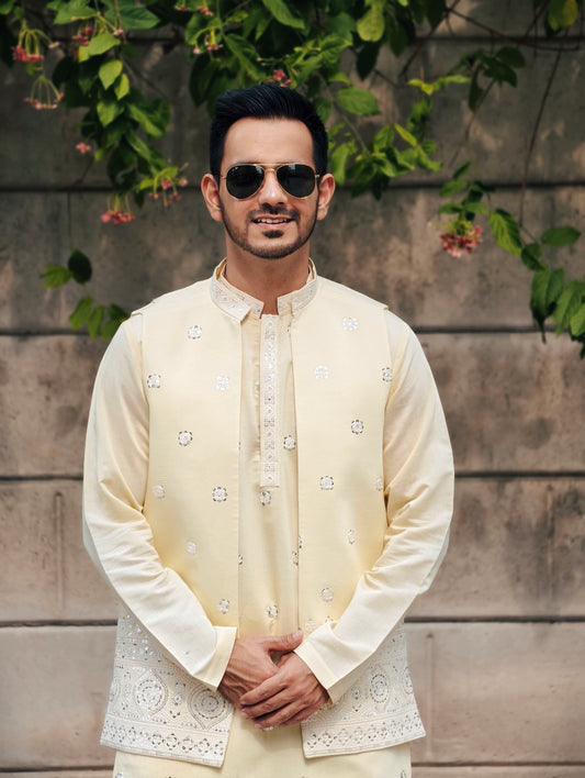 Regal Cream Embroidered Kurta Set with Jacket – Luxe Heritage Collection