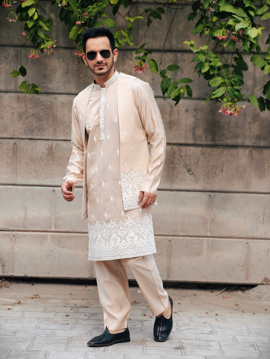 Men’s Festive English Beige Silk Kurta, Pajama & Embroidered Jacket Set