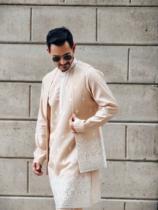 Men’s Festive English Beige Silk Kurta, Pajama & Embroidered Jacket Set