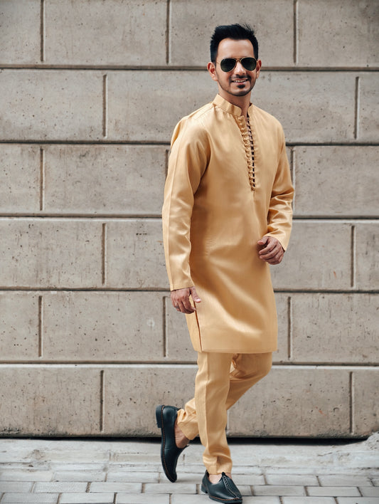 Men's Regal Gold Raw Silk Kurta Pajama