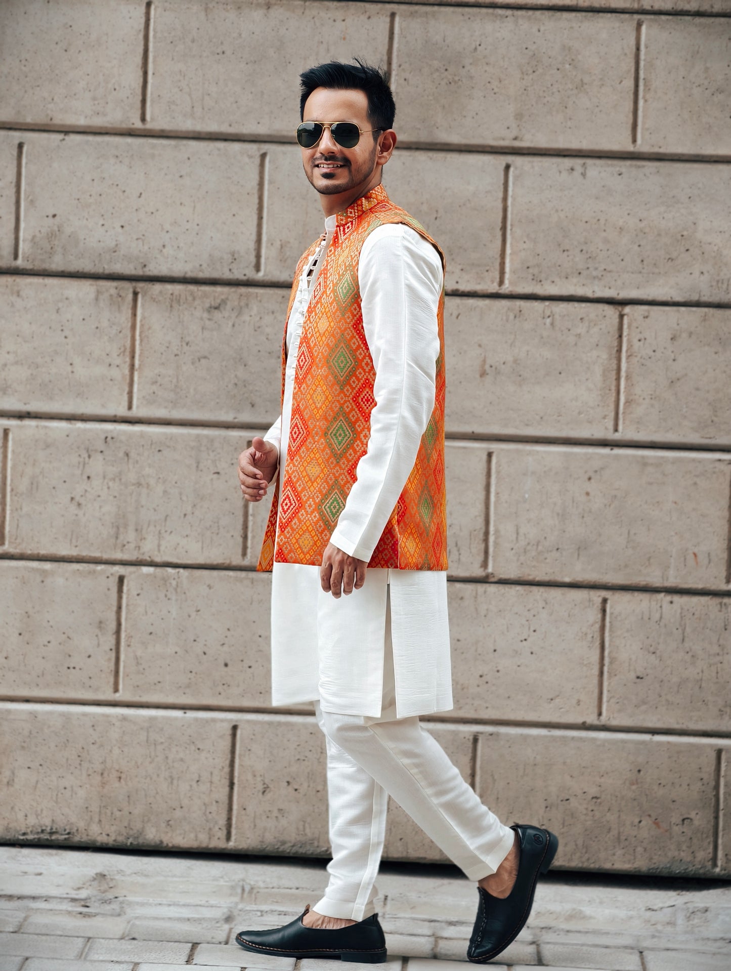 Men's Off-White Silk Kurta Pants Set with Banarasi Multicolor Open Nehru Jacket