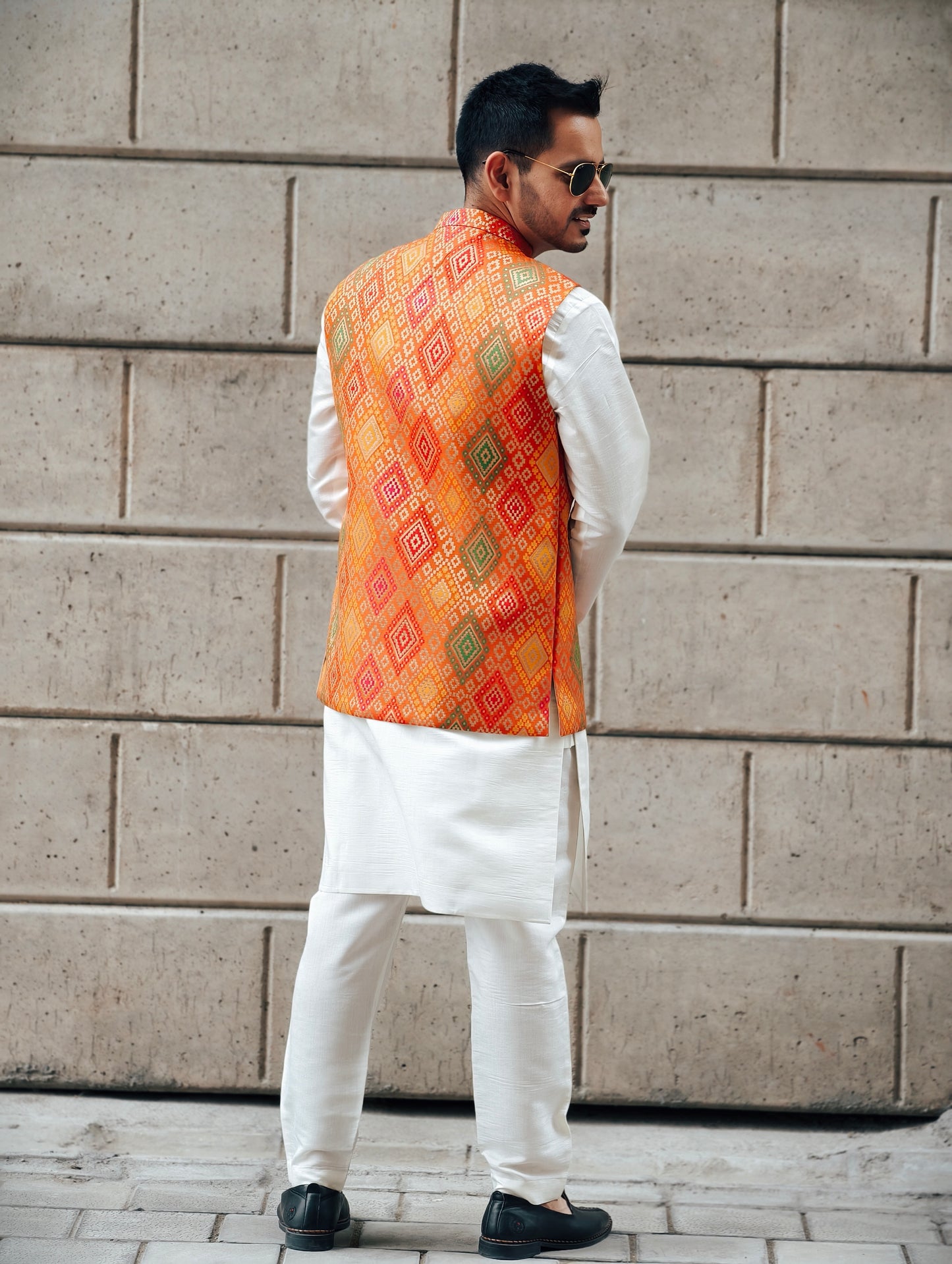 Men's Off-White Silk Kurta Pants Set with Banarasi Multicolor Open Nehru Jacket