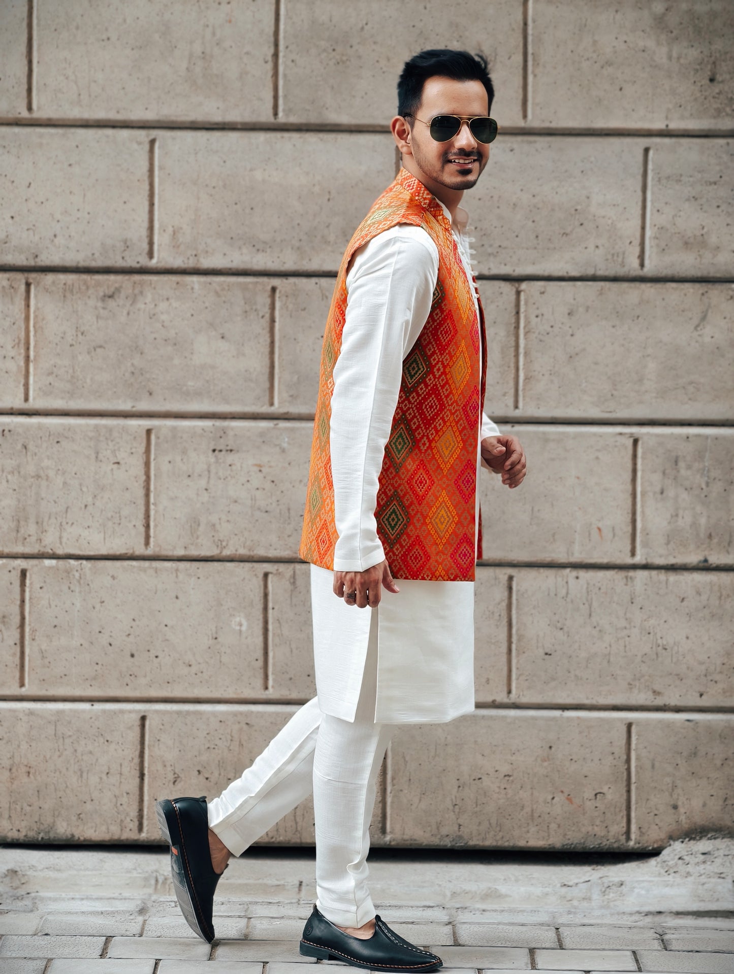 Men's Off-White Silk Kurta Pants Set with Banarasi Multicolor Open Nehru Jacket