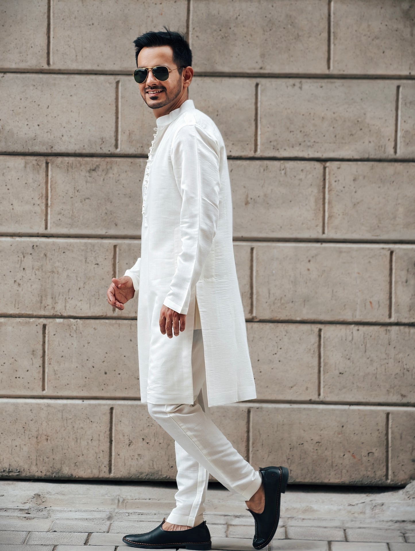 Men's Off-White Silk Kurta Pants Set with Banarasi Multicolor Open Nehru Jacket