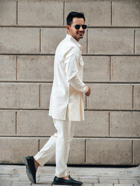 Light Beige Kurta-Pajama with Pocket Detailing