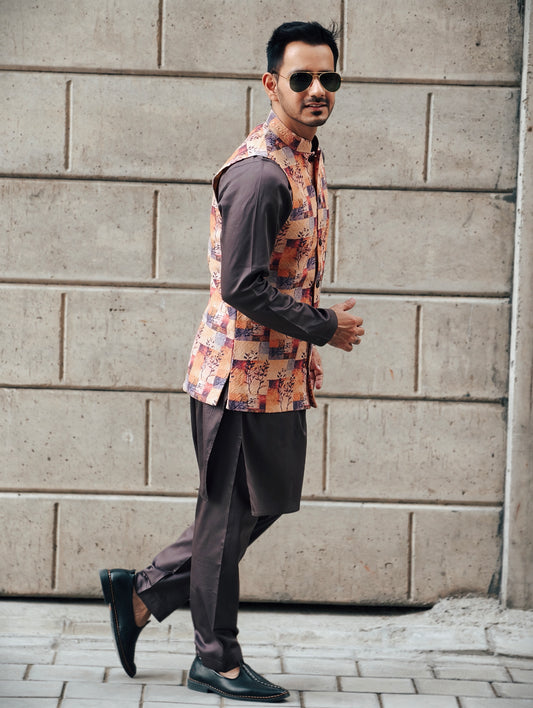 Men’s Dark Brown Mandarin Kurta Pajama Set with Multicolor Art Block Nehru Jacket