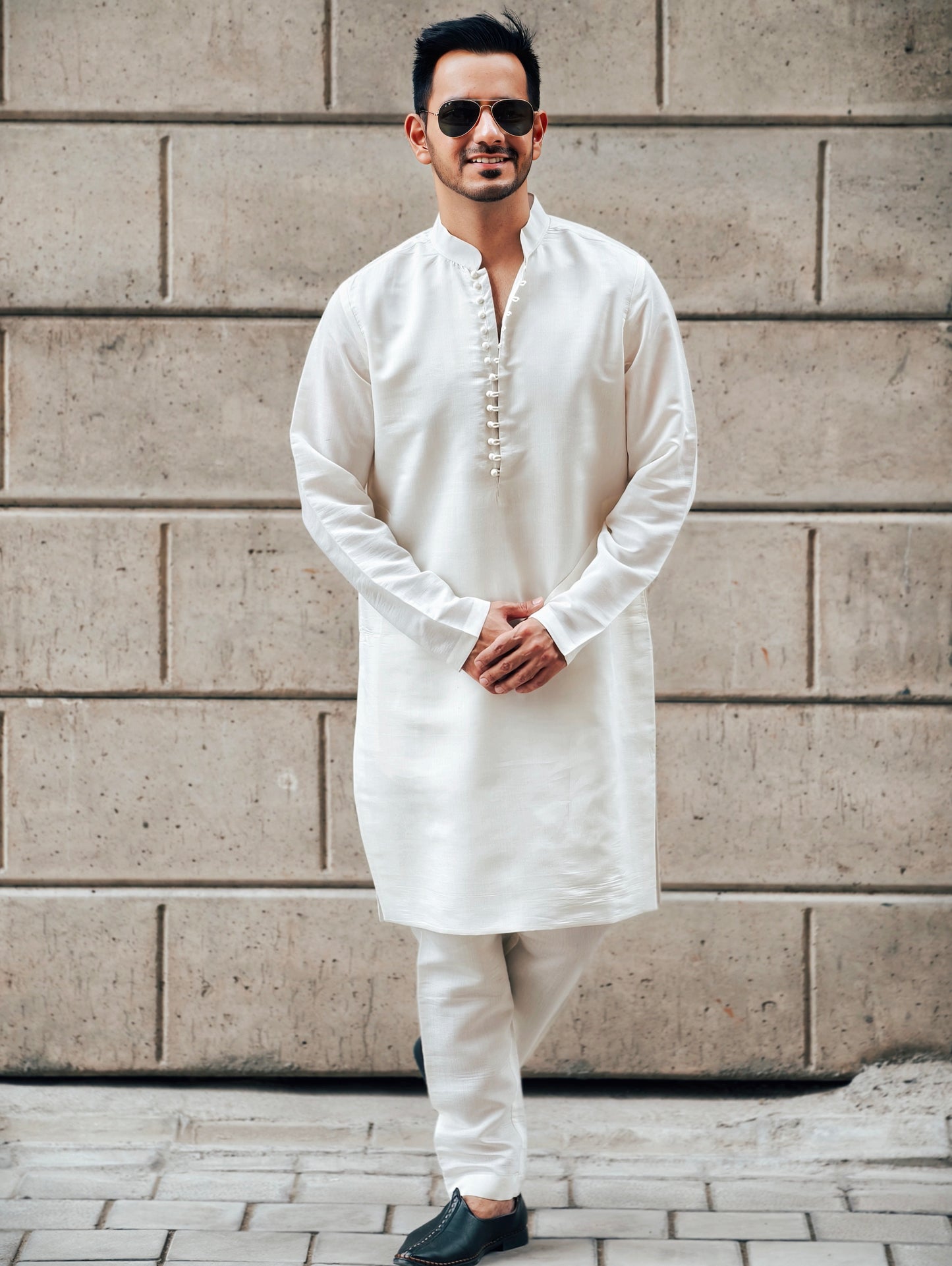 Men's Off-White Silk Kurta Pants Set with Banarasi Multicolor Open Nehru Jacket