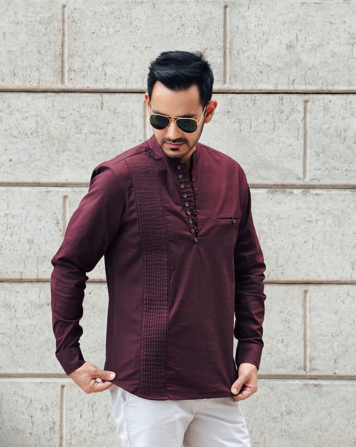 Men’s Maroon Looped Neck Pintex Kurta Shirt