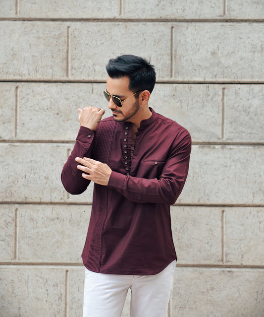 Men’s Maroon Looped Neck Pintex Kurta Shirt