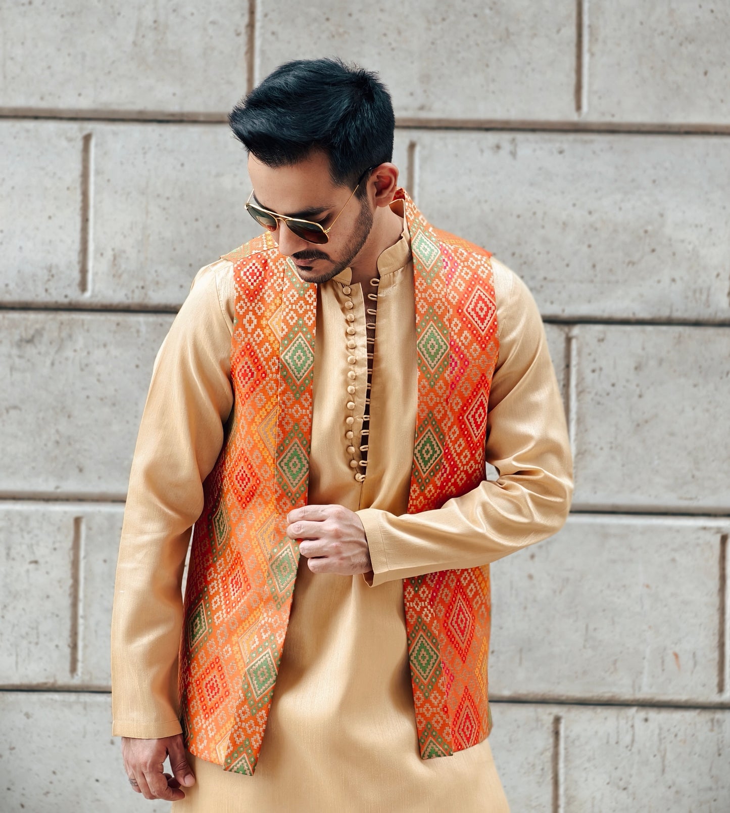 Men's Gold Silk Kurta Pants Set with Banarasi Multicolor Split Jacket
