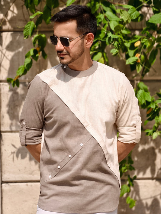 Men’s Asymmetrical Dual-Tone Designer Shirt – Beige & Taupe