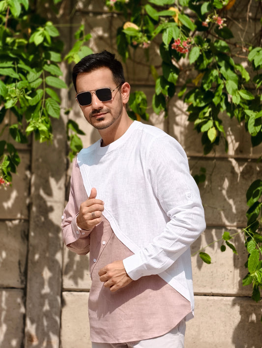 Men’s Dual-Tone Asymmetrical Dull Pink and White Premium Cotton Shirt