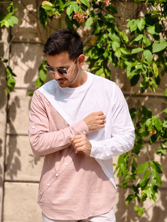 Men’s Dual-Tone Asymmetrical Dull Pink and White Premium Cotton Shirt