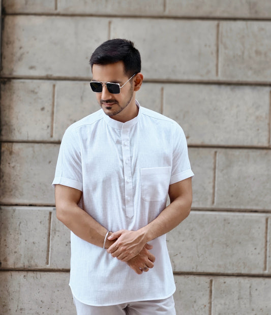 Men’s White Mandarin Collar  Premium Cotton Half Sleeves Shirt