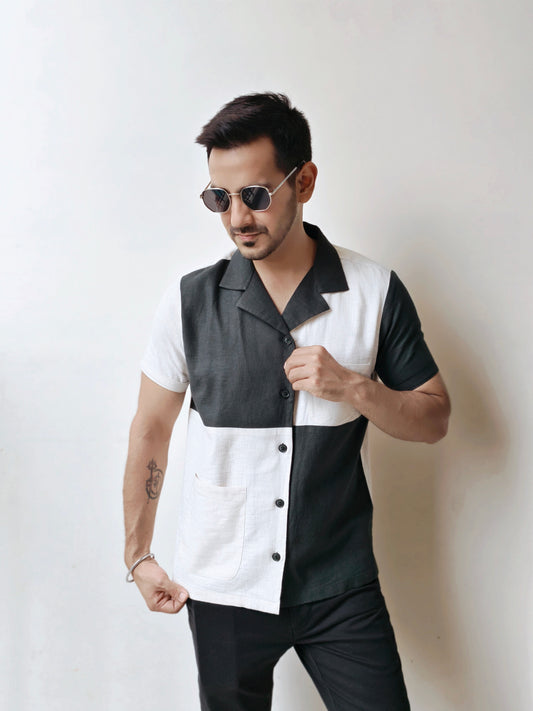 Cream and Dark Green Color-Block Half-Sleeves Shirt