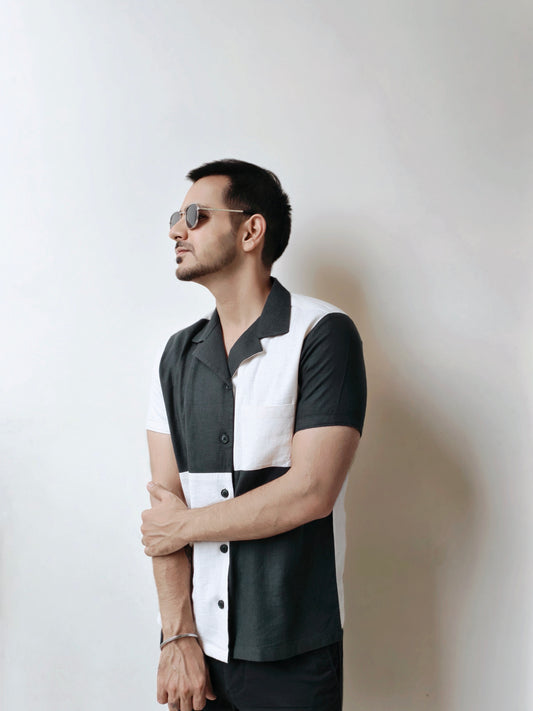 Cream and Dark Green Color-Block Half-Sleeves Shirt