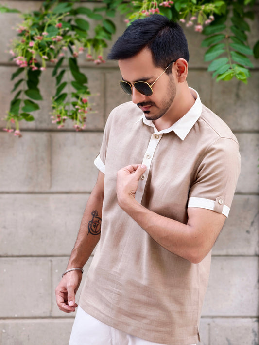 Men's Khaki Textured Cotton Shirt with Contrast Cream Detailing