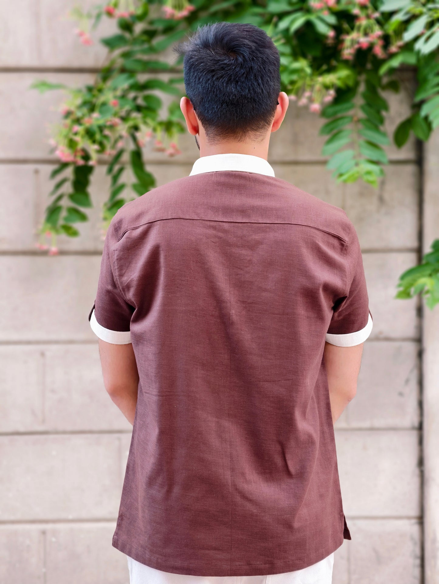 Men's Brown Textured Cotton Shirt with Contrast Cream Detailing