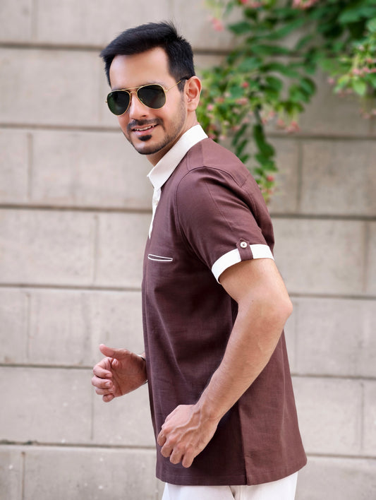 Men's Brown Textured Cotton Shirt with Contrast Cream Detailing