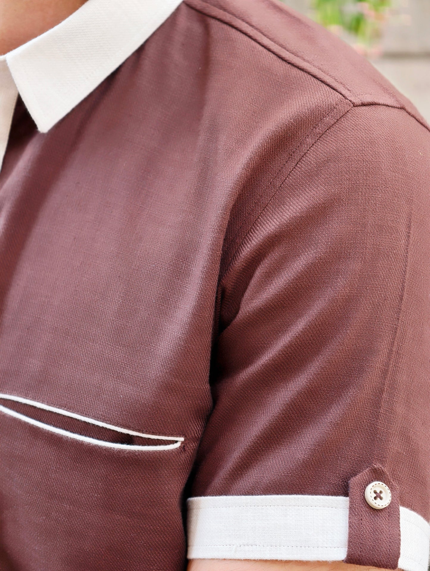 Men's Brown Textured Cotton Shirt with Contrast Cream Detailing