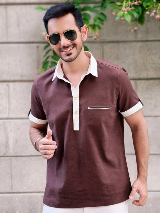 Men's Brown Textured Cotton Shirt with Contrast Cream Detailing