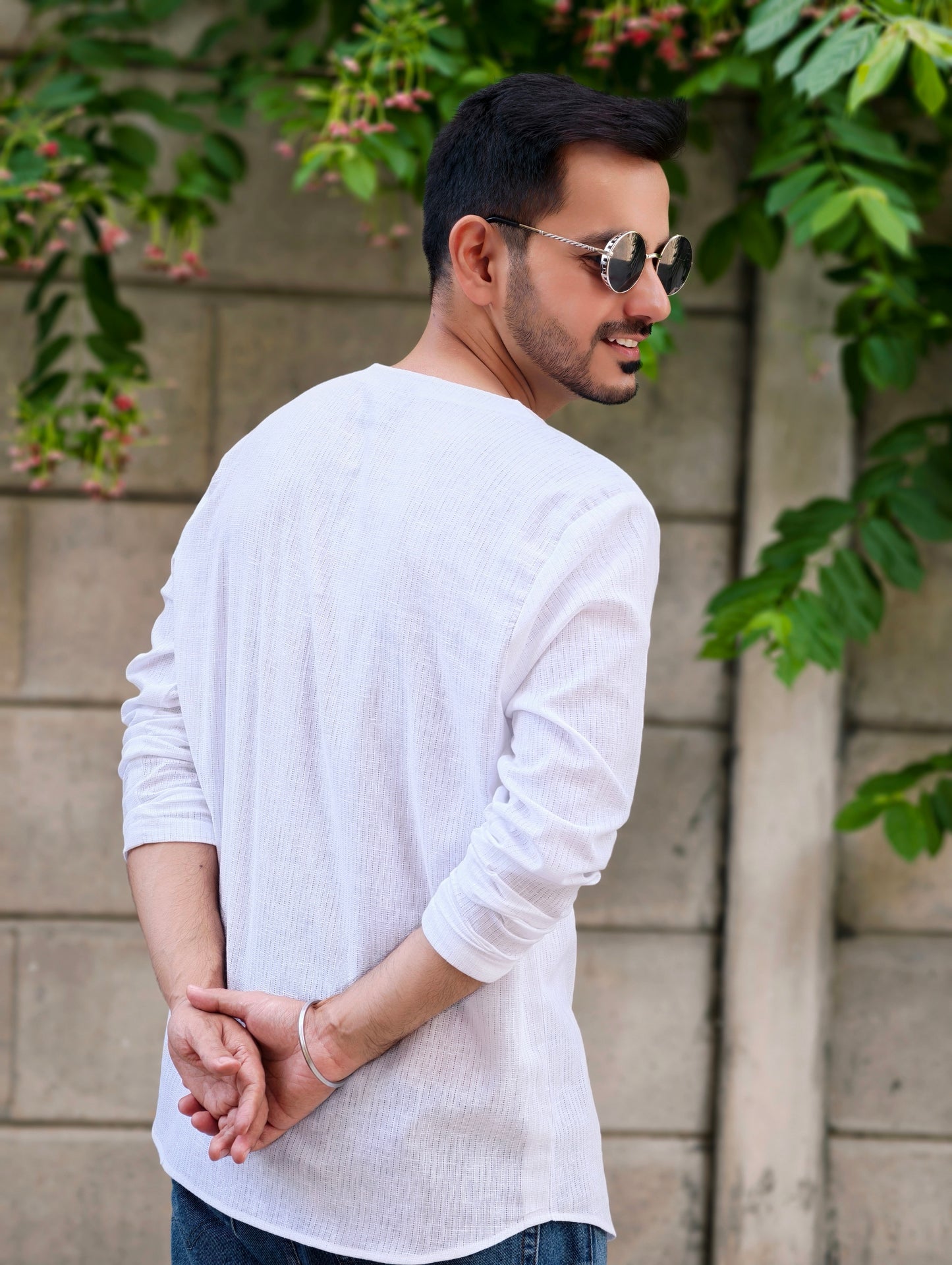 Men’s Casual White Lace-Up Short Cotton Kurta