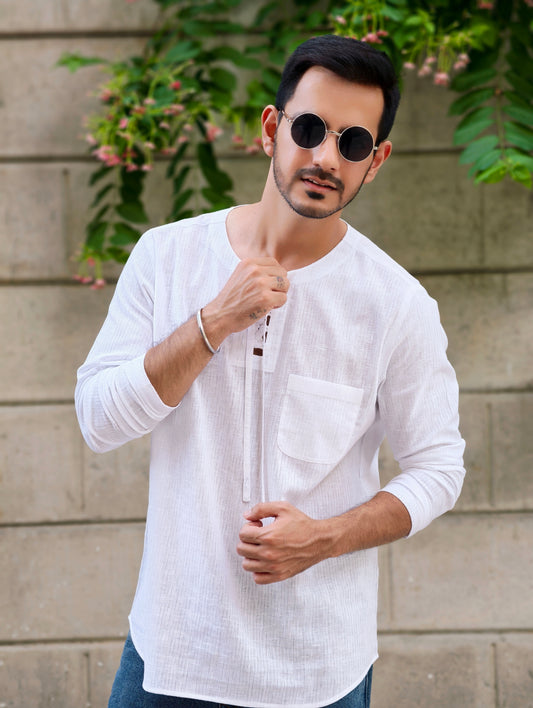 Men’s Casual White Lace-Up Short Cotton Kurta
