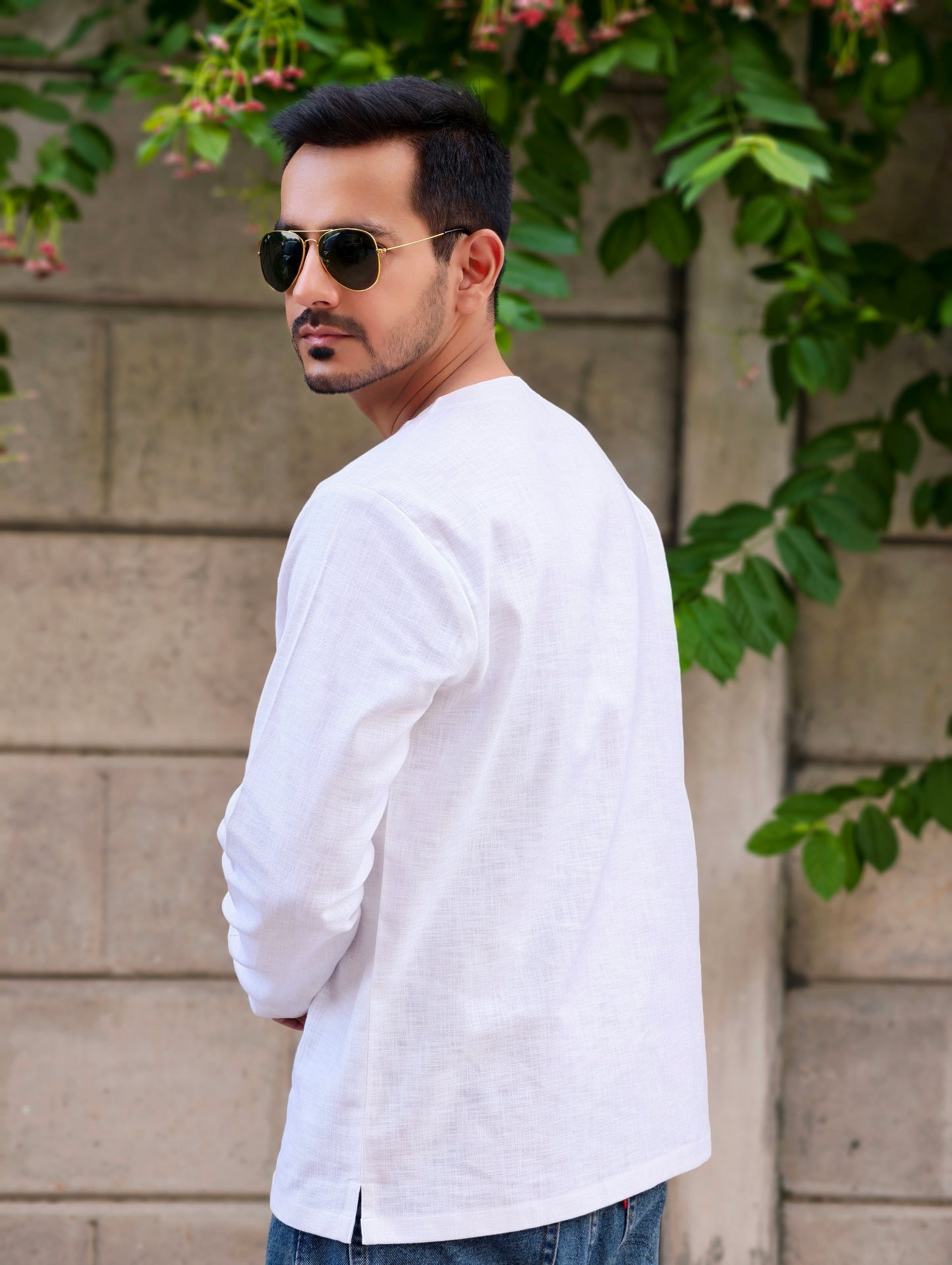 Men's Textured Cotton Short Kurta with Dual-Tone Panel Design