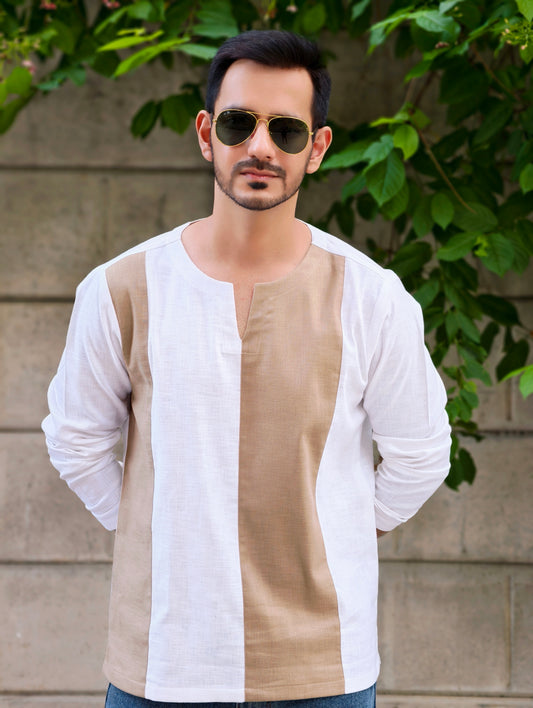 Men's Textured Cotton Short Kurta with Dual-Tone Panel Design
