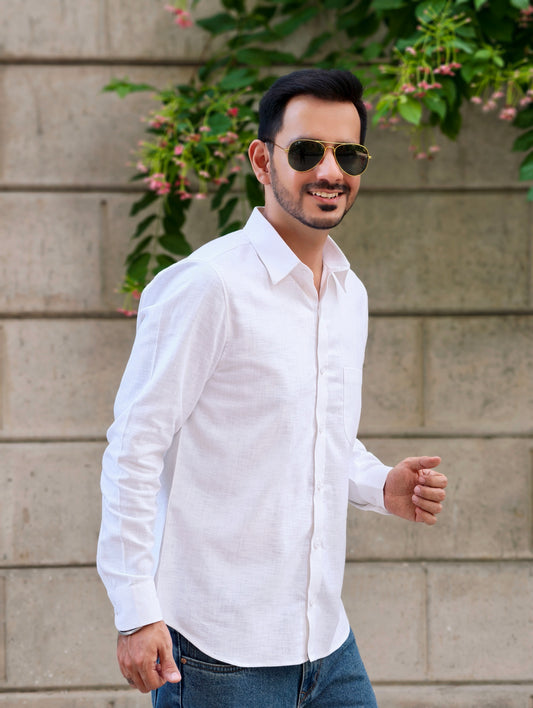 Men's White Textured Cotton Full Sleeves Formal Collar Shirt