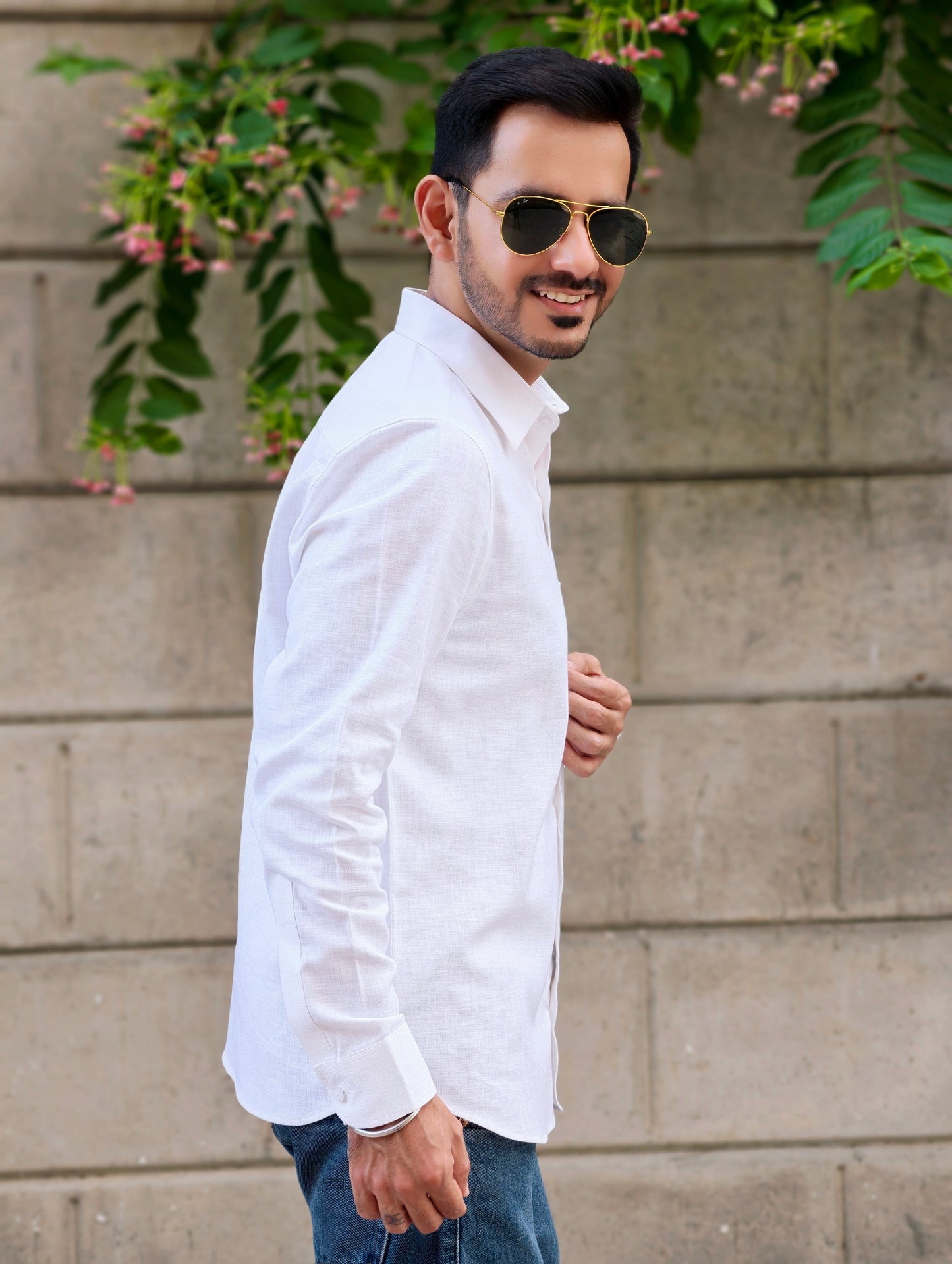 Men's White Textured Cotton Full Sleeves Formal Collar Shirt