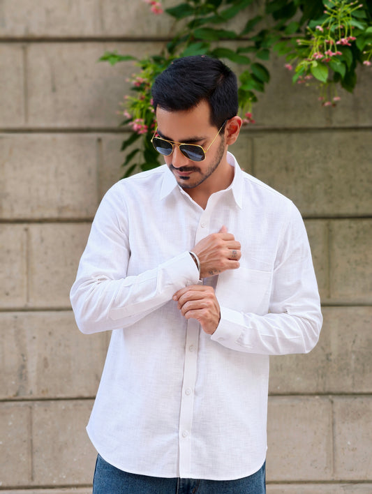 Men's White Textured Cotton Full Sleeves Formal Collar Shirt