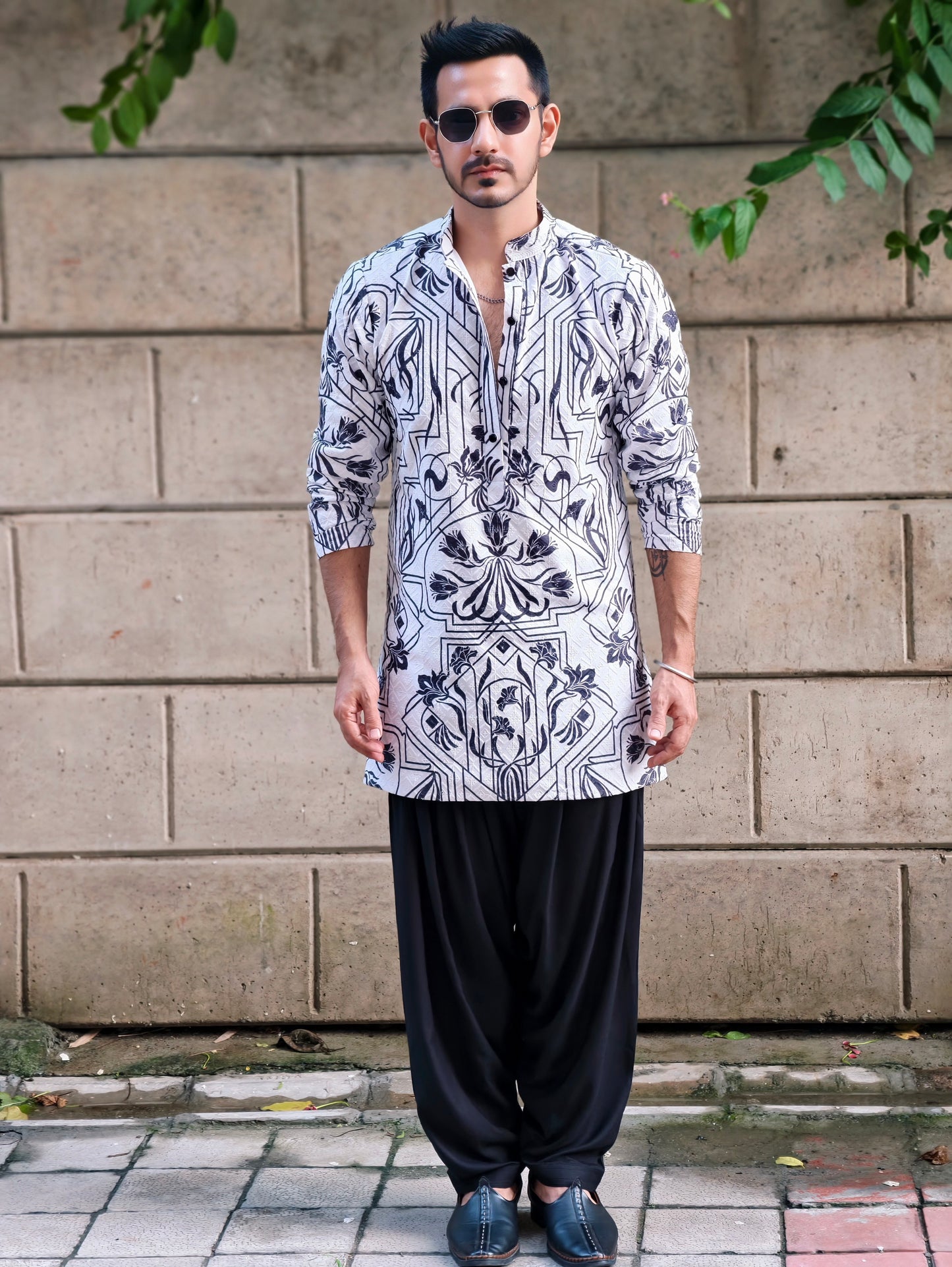 Men’s Designer Printed Kurta with Black Salwar – Ethnic & Festive Wear